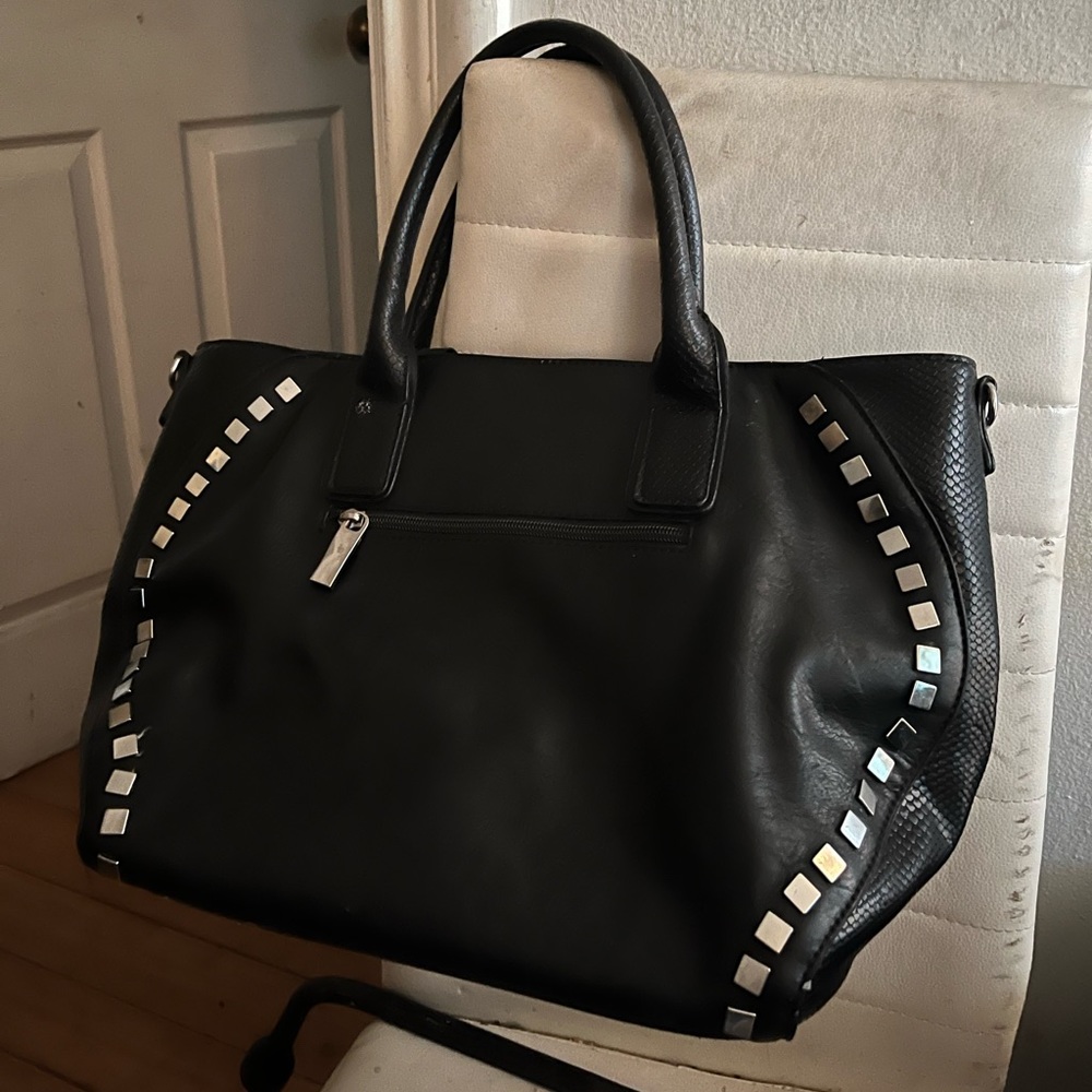 Silver studded genuine leather large shoulder bag purse tote